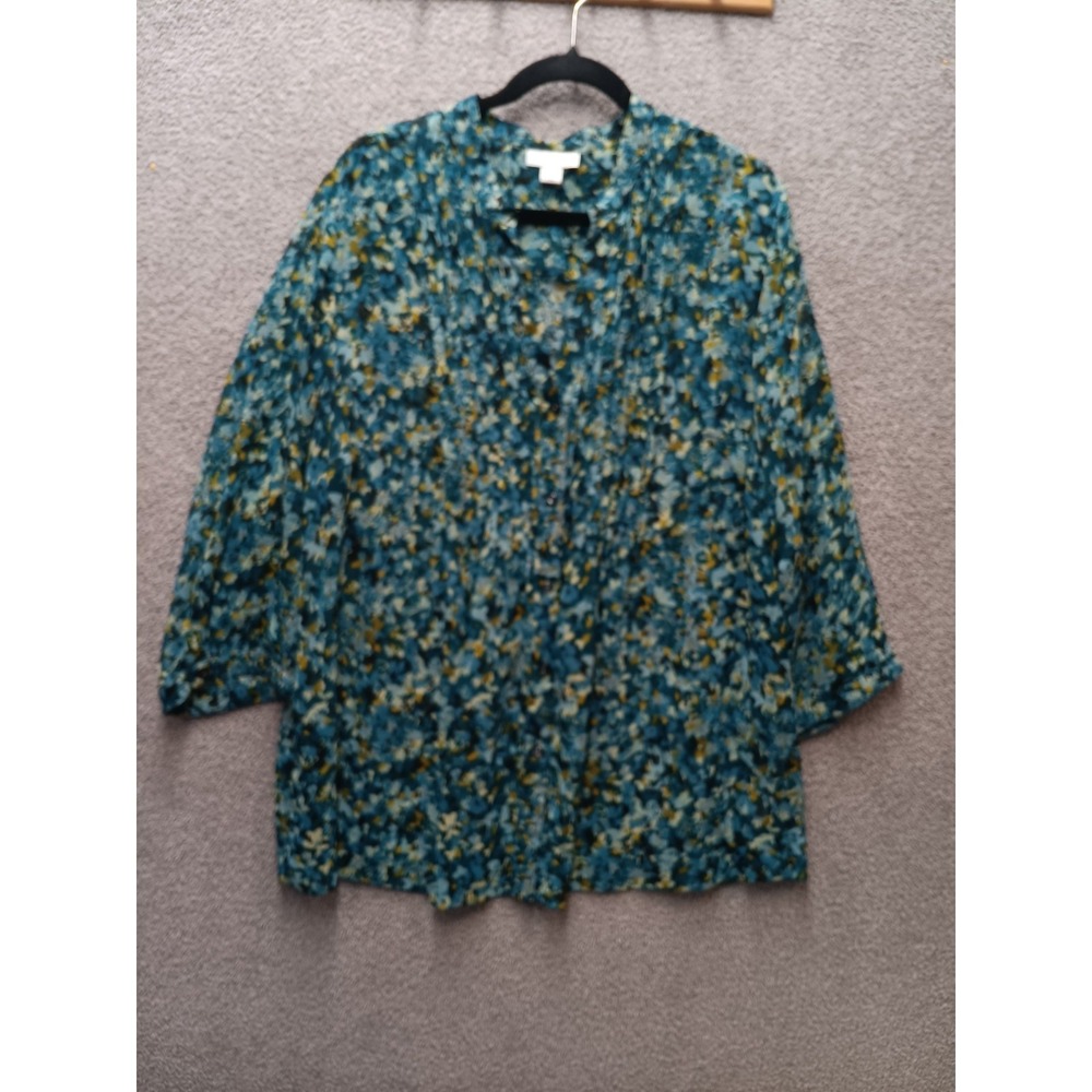 Charter Club Floral Pleated Button Up Size 3X Green Arty Boho Cottagecore Sheer